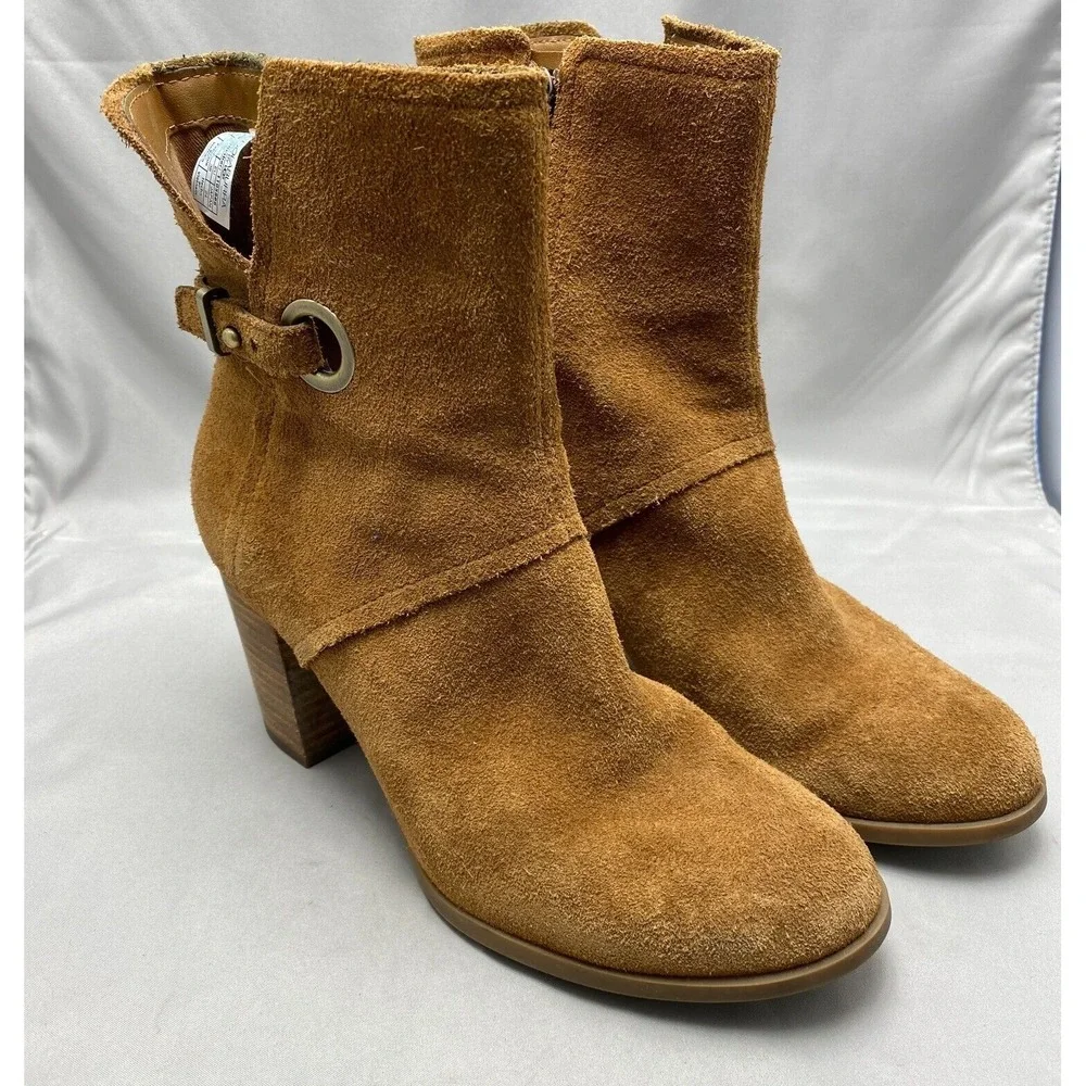 Koolaburra‎ Ugg Ankle Boots 7 Chestnut Brown Suede Samiah Buckle Heeled Bootie - Picture 3 of 7